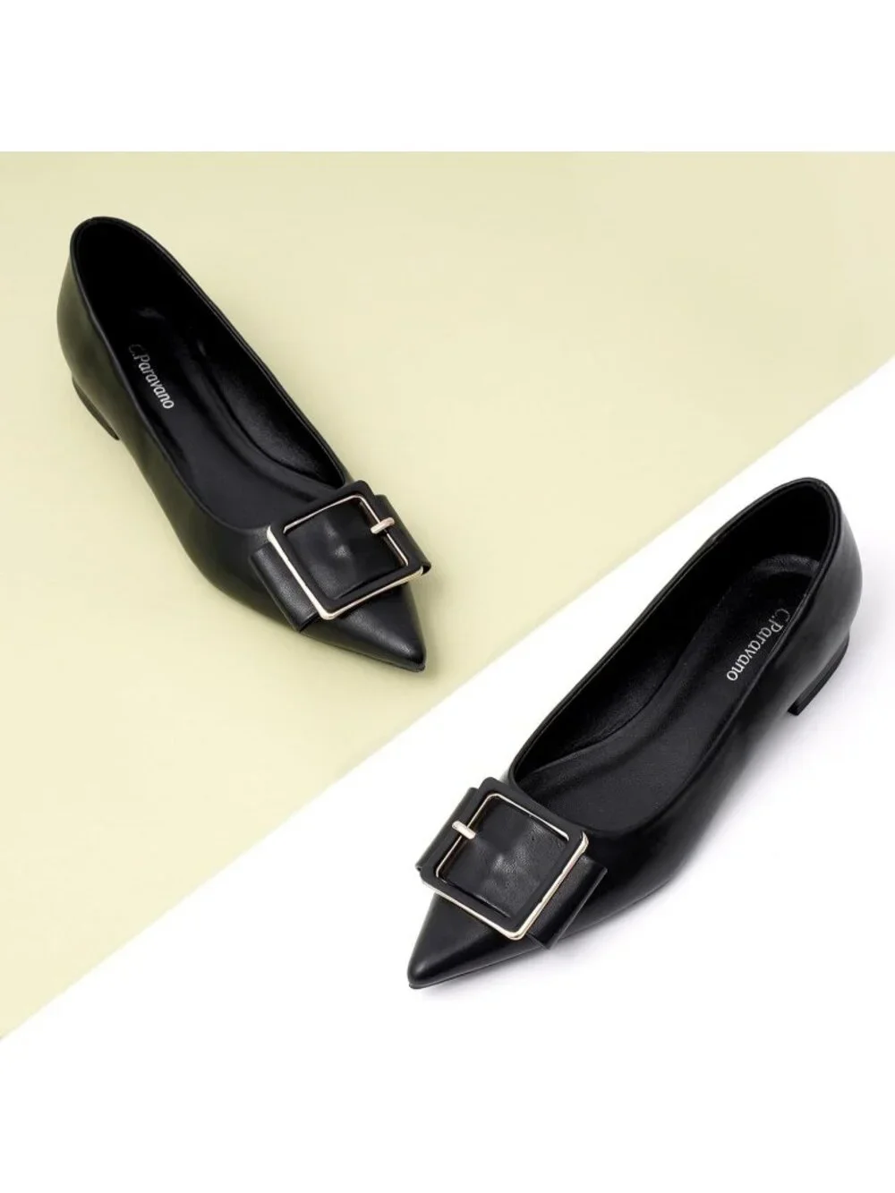 Women's Black Pointed Toe Square Buckle Flats Elegant Slip-On Comfortable Shoes